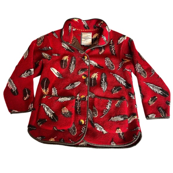 Tsunami Indigenous Collection Womens Red Feather Print Fleece Jacket S Oversized - Picture 2 of 9